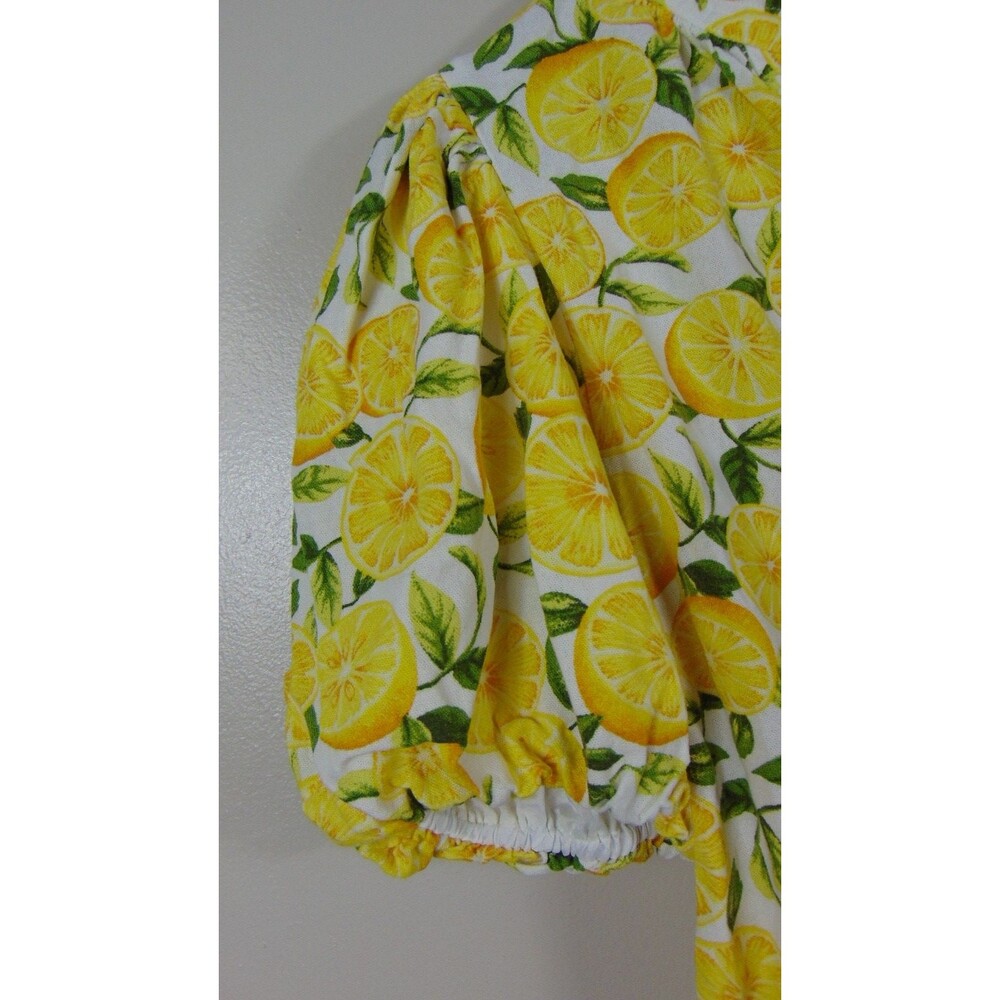 CeCe Top Womens Medium Lemon Print Puff Sleeve Linen Blend V-Neck Yellow Fruit - Picture 4 of 10
